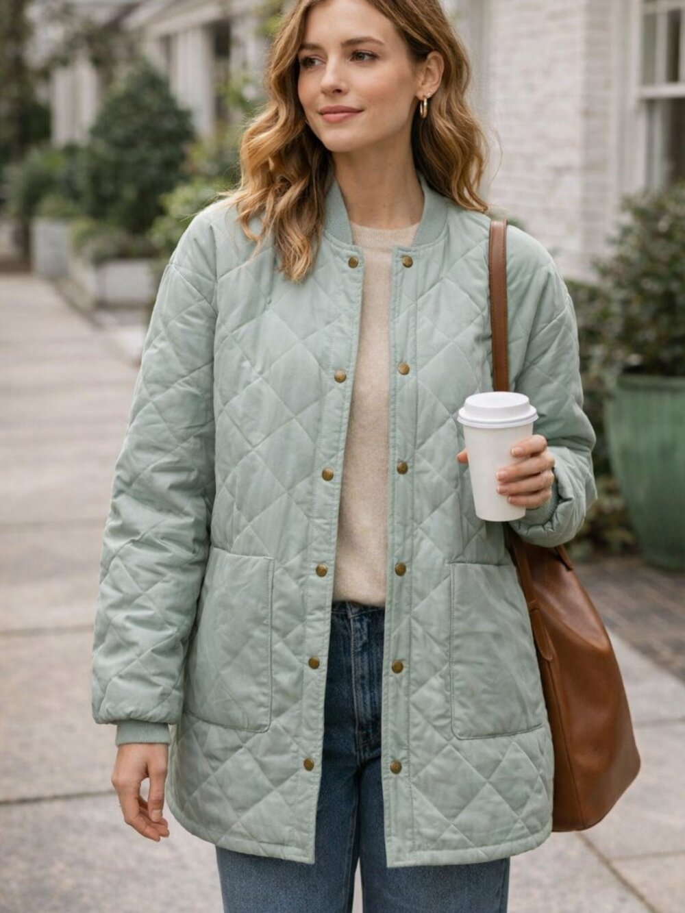Universal Thread Midi Length Quilted Coat in Mint Green